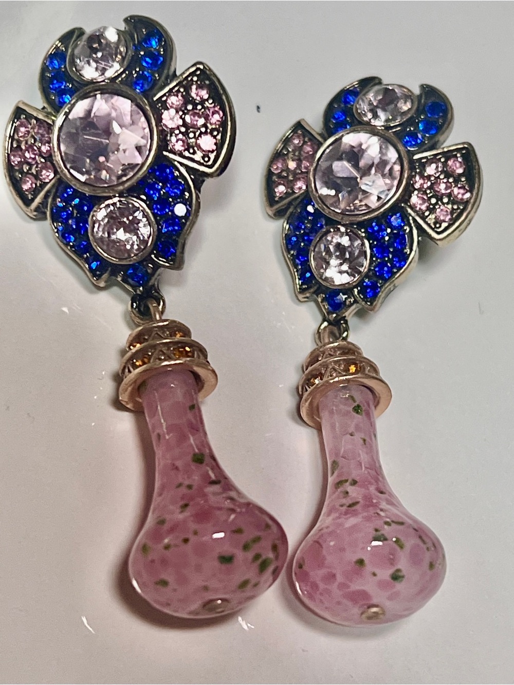 Heidi Daus Pink Glass Drop Earrings with Blue and Pink Crystals
